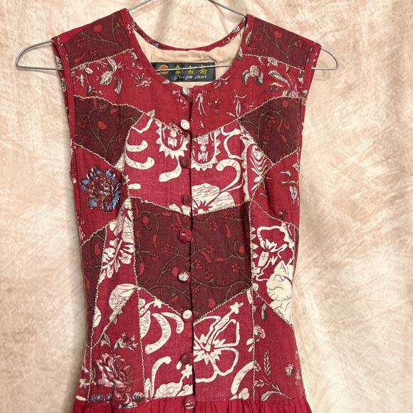 Vintage 90s Jing Gu Zhai Floral Patchwork Fit & Flare Maxi Dress Sleeveless Red - Picture 2 of 8
